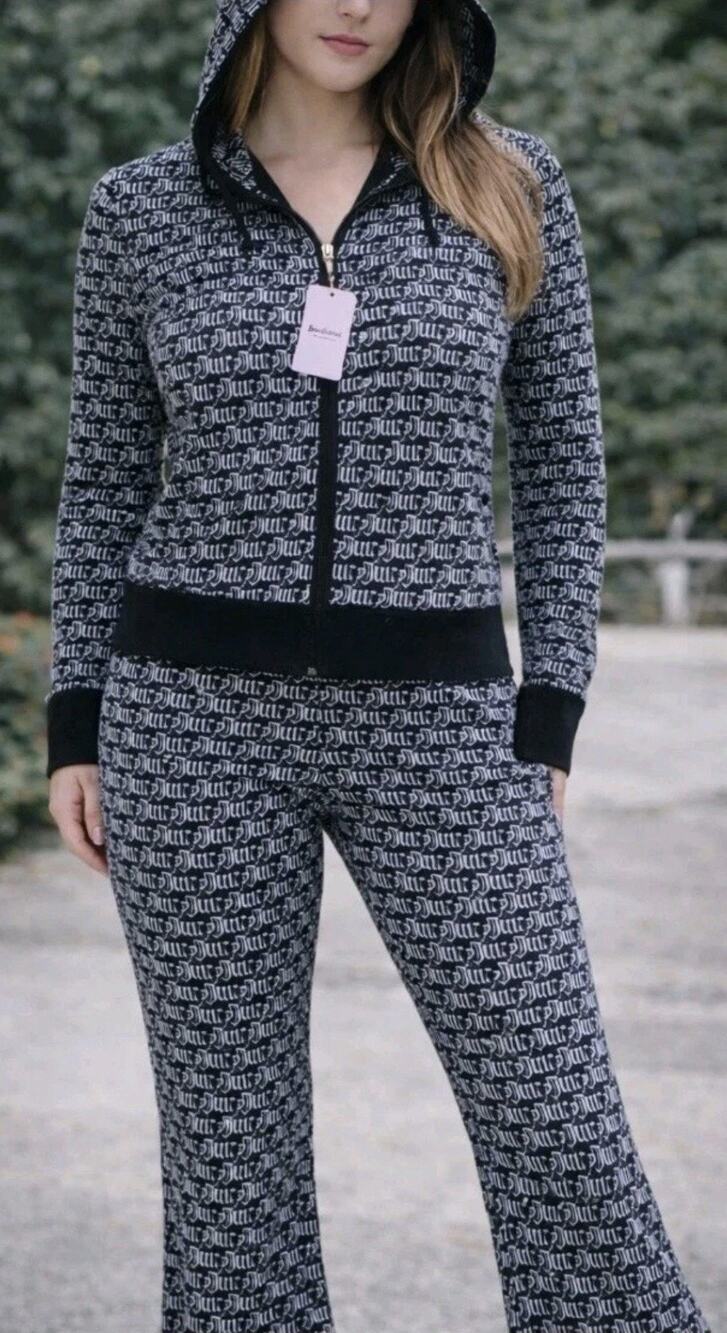 JUICY COUTURE Black & White Monogram Print Track Suit Sweater Set Large EUC
